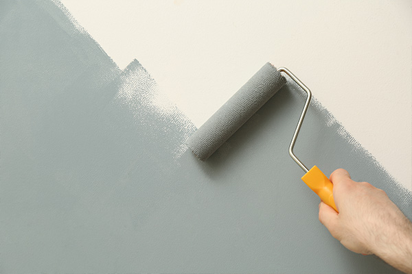 hand rolling gray paint on a wall with a paint roller for home improvement renovation